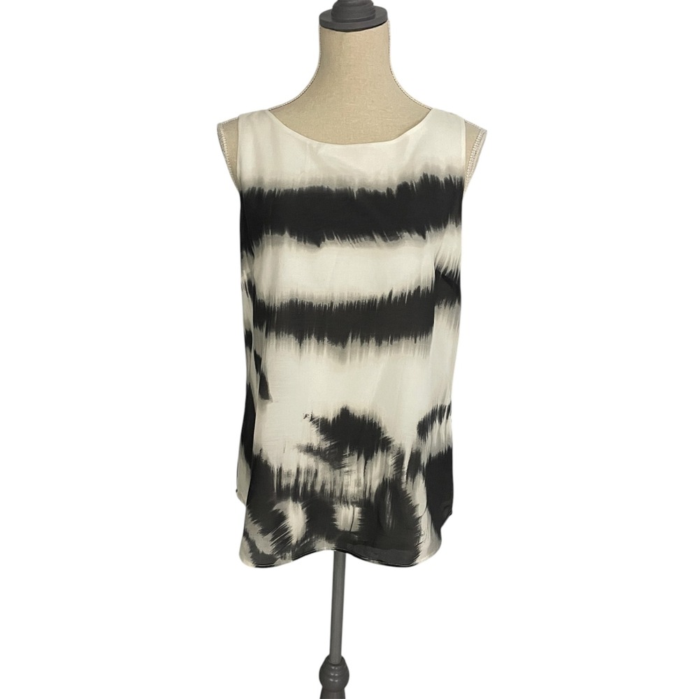 Cassis Blouse Women Size M White Black Silk‎ Blend Sleeveless Zip Back Abstract